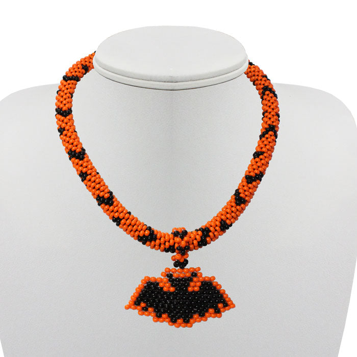 Halloween Fun Necklace / bead crocheted choker necklace / includes removable bat pendant and bonus bat earrings