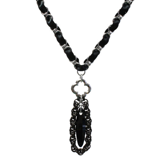 Black Magic Chainmail Necklace / 19 Inch length / black ellipse crystal pendant / ribbon and chainmail