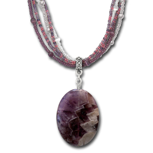 Dog Teeth Amethyst Necklace / multi strand purple beaded necklace with 40mm oval pendant