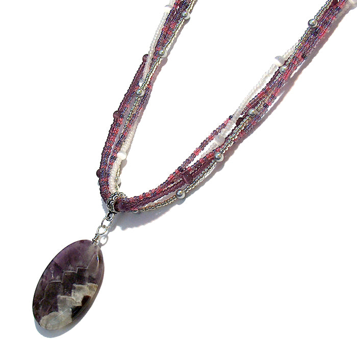 Dog Teeth Amethyst Necklace / multi strand purple beaded necklace with 40mm oval pendant