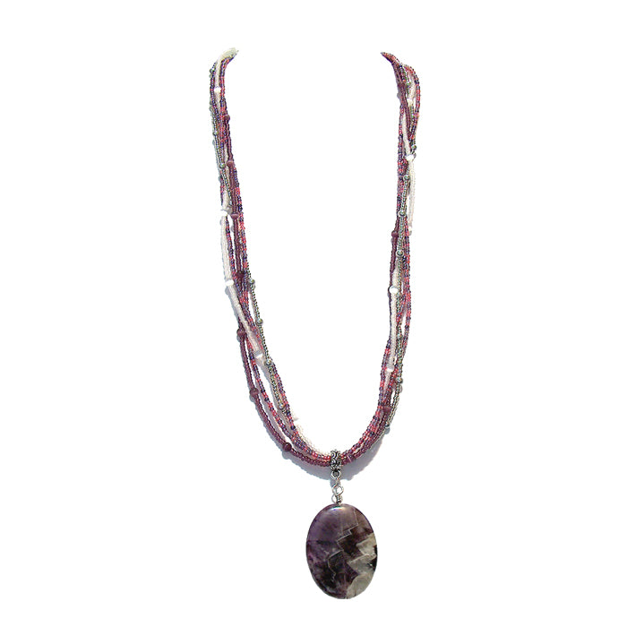 Dog Teeth Amethyst Necklace / multi strand purple beaded necklace with 40mm oval pendant