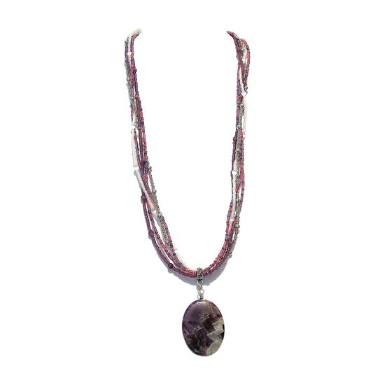 Dog Teeth Amethyst Necklace / multi strand purple beaded necklace with 40mm oval pendant