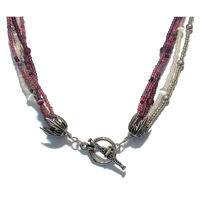 Dog Teeth Amethyst Necklace / multi strand purple beaded necklace with 40mm oval pendant