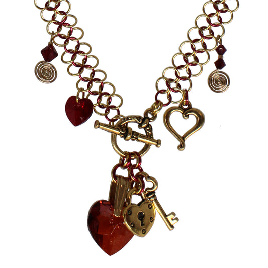 Lock and Key Chainmail Necklace / crystal hearts with lock and key charms
