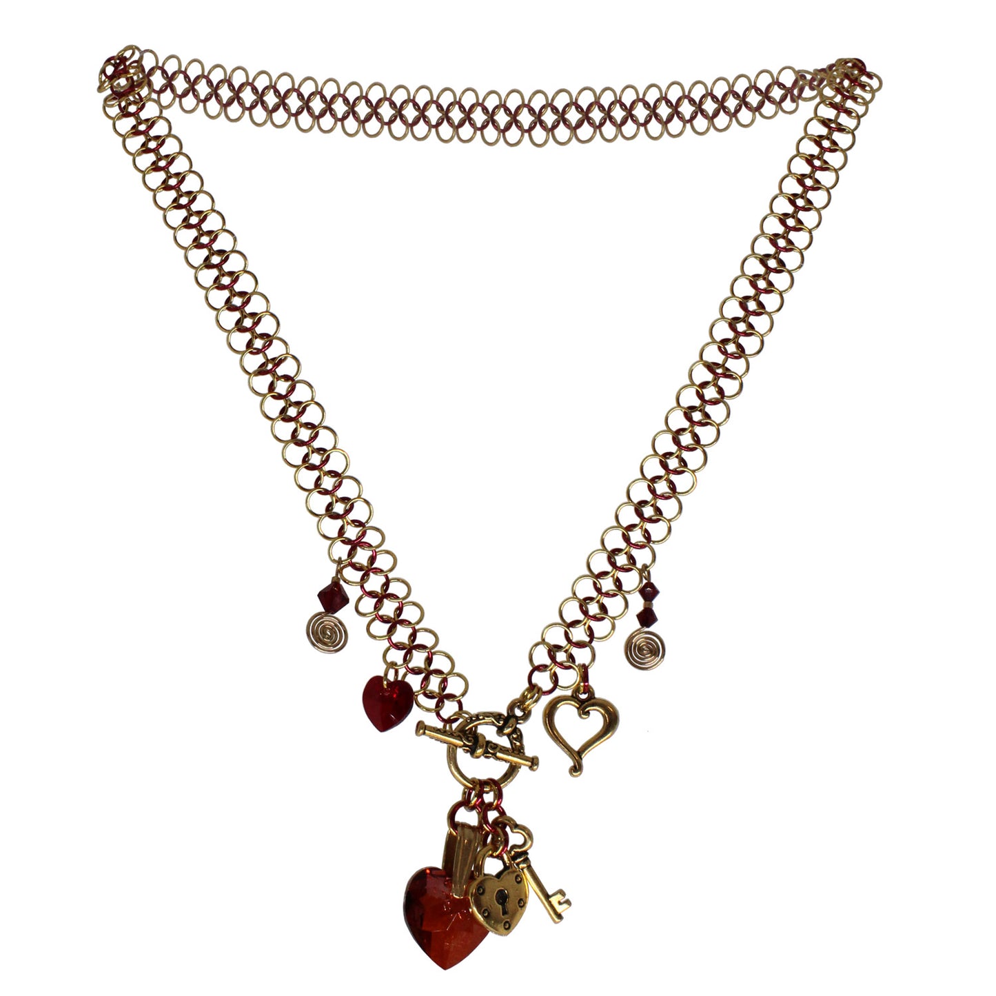 Lock and Key Chainmail Necklace / crystal hearts with lock and key charms