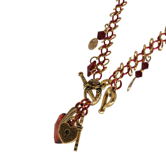 Lock and Key Chainmail Necklace / crystal hearts with lock and key charms