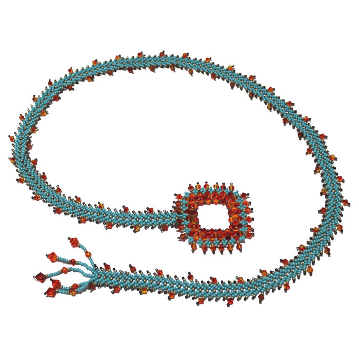 Crystal Fire Necklace / turquoise with reddish orange crystal fringe / square crystal clasp