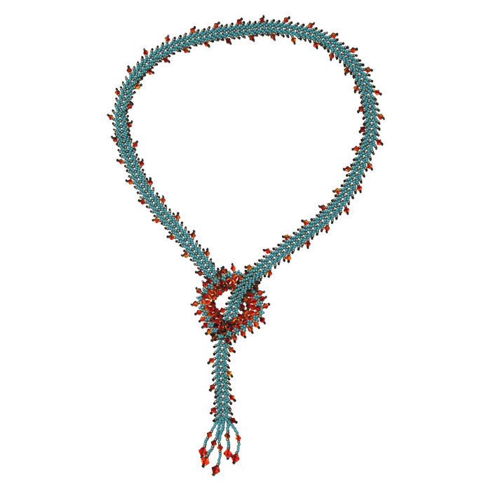 Crystal Fire Necklace / turquoise with reddish orange crystal fringe / square crystal clasp