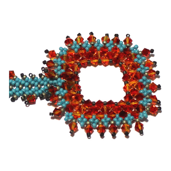 Crystal Fire Necklace / turquoise with reddish orange crystal fringe / square crystal clasp
