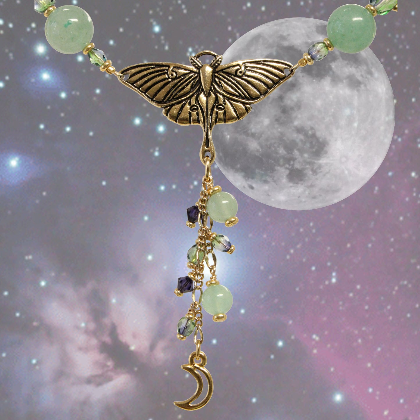 Luna Moth Necklace / with aventurine gemstones / toggle clasp