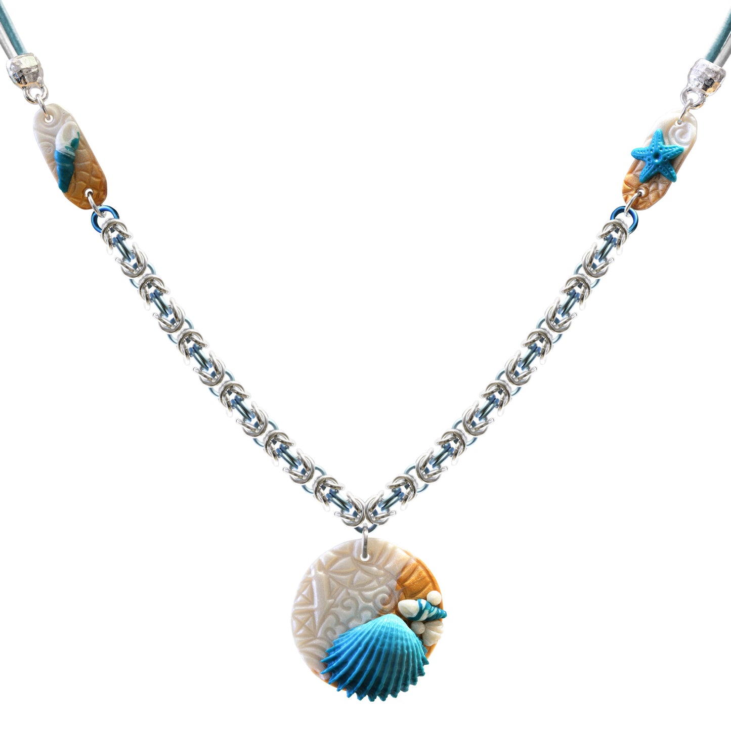 Beach Chainmail Necklace with shell pendant / leather cord and chainmail