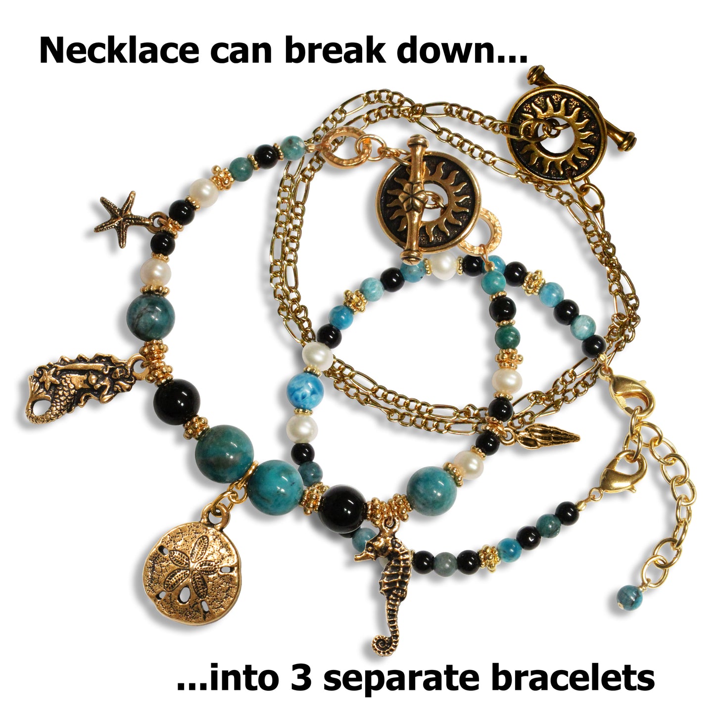 Beach Island Necklace / with sand dollar, mermaid and seahorse charms / convertible - can break down into 3 separate bracelets