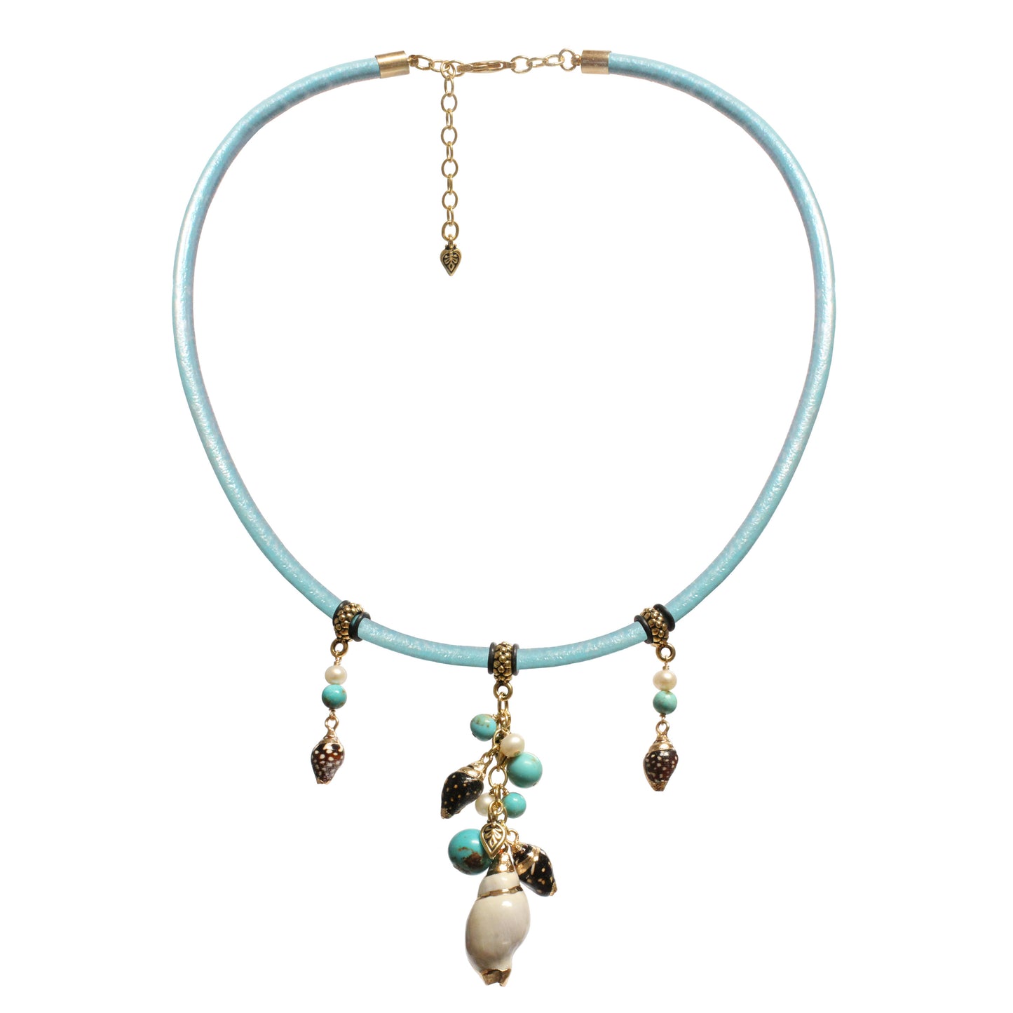 Shell and Pearls Necklace / leather cord / with stabilized genuine turquoise (#8 Mine Nevada)