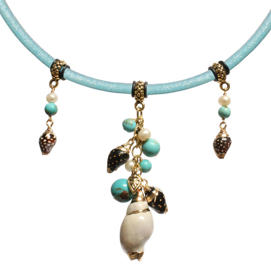 Shell and Pearls Necklace / leather cord / with stabilized genuine turquoise (#8 Mine Nevada)