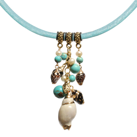 Shell and Pearls Necklace / 16-20 Inch length / with #8 Mine turquoise gemstones