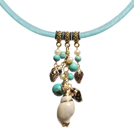 Shell and Pearls Necklace / leather cord / with stabilized genuine turquoise (#8 Mine Nevada)