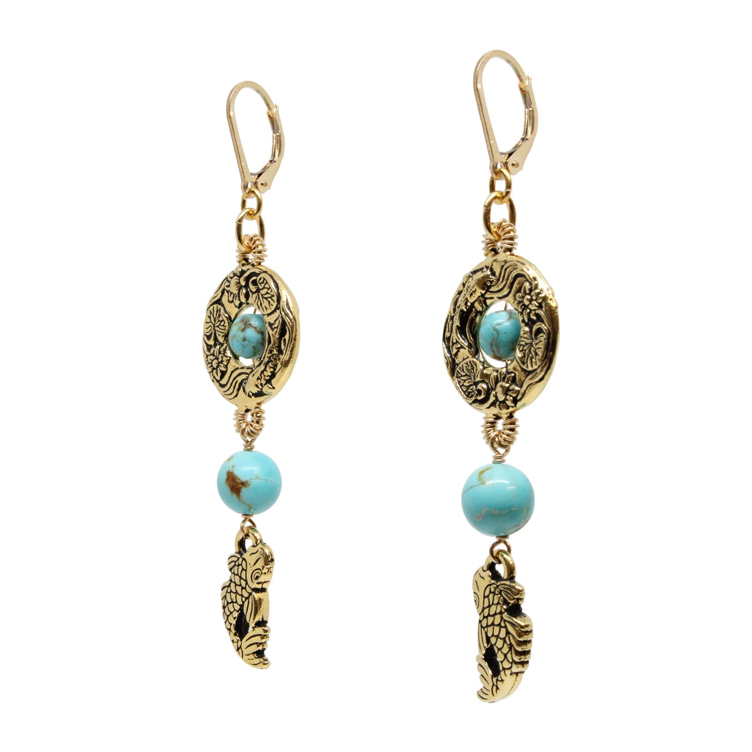 Handcrafted turquoise koi fish earrings with gold-filled leverback earwires