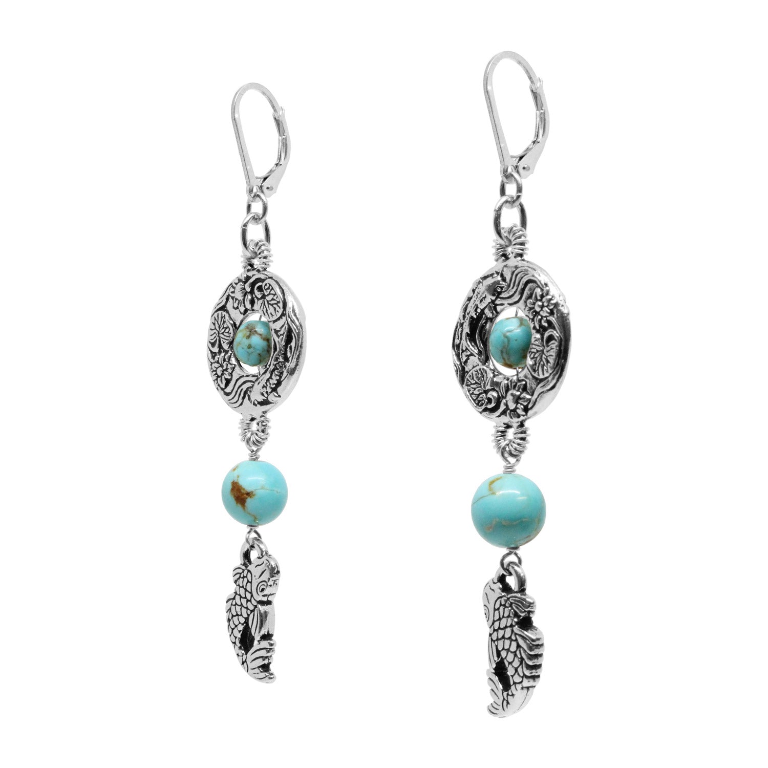 Handcrafted turquoise koi fish earrings with sterling silver leverback earwires