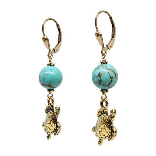 Gold Sea Turtle Earrings with genuine turquoise