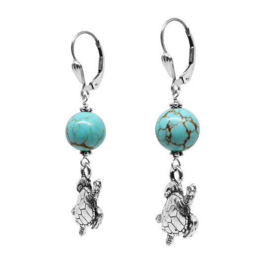 Silver Sea Turtle Earrings with genuine turquoise