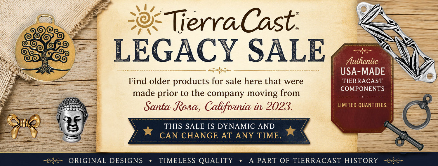 Promotional banner for the TierraCast Legacy Sale, featuring a central beige parchment-style panel with black text, surrounded by decorative jewelry components including a tree of life pendant, a Buddha head, and a small gold bow.