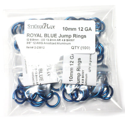 SHINY ROYAL BLUE 10mm 12 GA Jump Rings / sawcut round open anodized aluminum