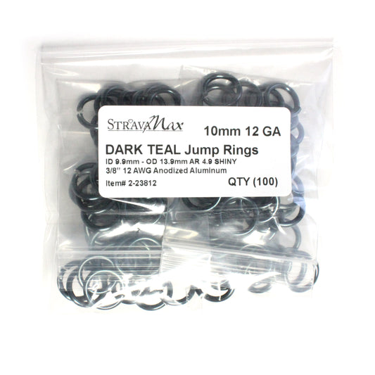SHINY DARK TEAL 10mm 12 GA Jump Rings / 100 Pack / sawcut round open anodized aluminum