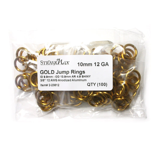 SHINY GOLD 10mm 12 GA Jump Rings / 100 Pack / sawcut round open anodized aluminum