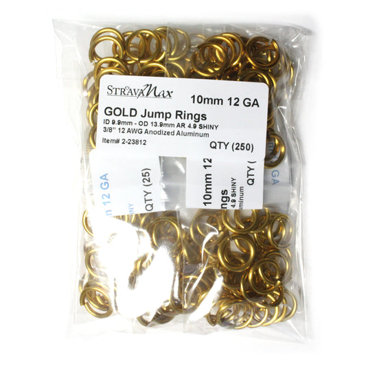 SHINY GOLD 10mm 12 GA Jump Rings / 250 Pack / sawcut round open anodized aluminum