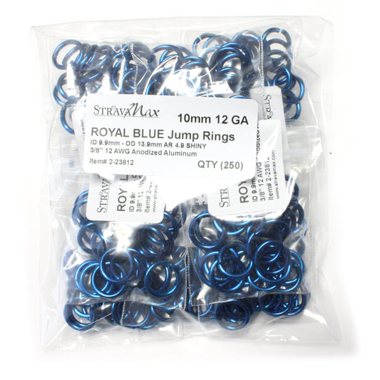 SHINY ROYAL BLUE 10mm 12 GA Jump Rings / 250 Pack / sawcut round open anodized aluminum