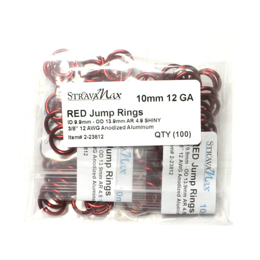 SHINY RED 10mm 12 GA Jump Rings / 100 Pack / sawcut round open anodized aluminum