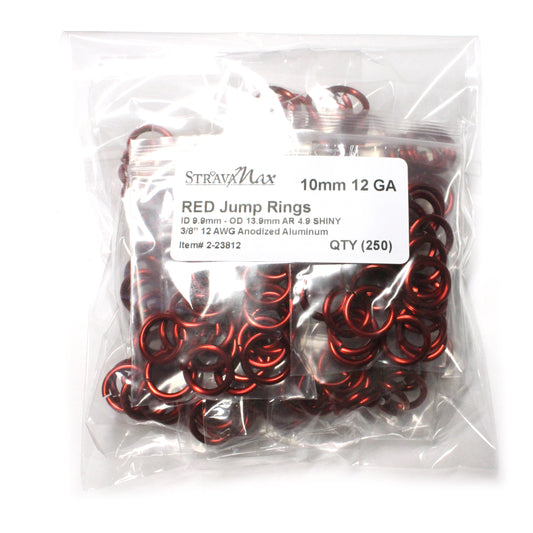 SHINY RED 10mm 12 GA Jump Rings / 250 Pack / sawcut round open anodized aluminum