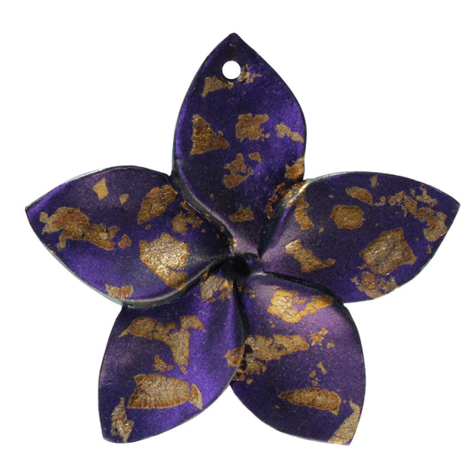 Large Plumeria Flower Charm / purple with golden metallic flakes / handmade polymer clay / 50mm diameter