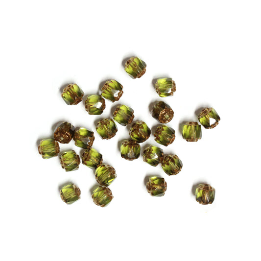 6mm Olivine Green Lantern Bead / Gold Coated Ends / 25 Bead Pack