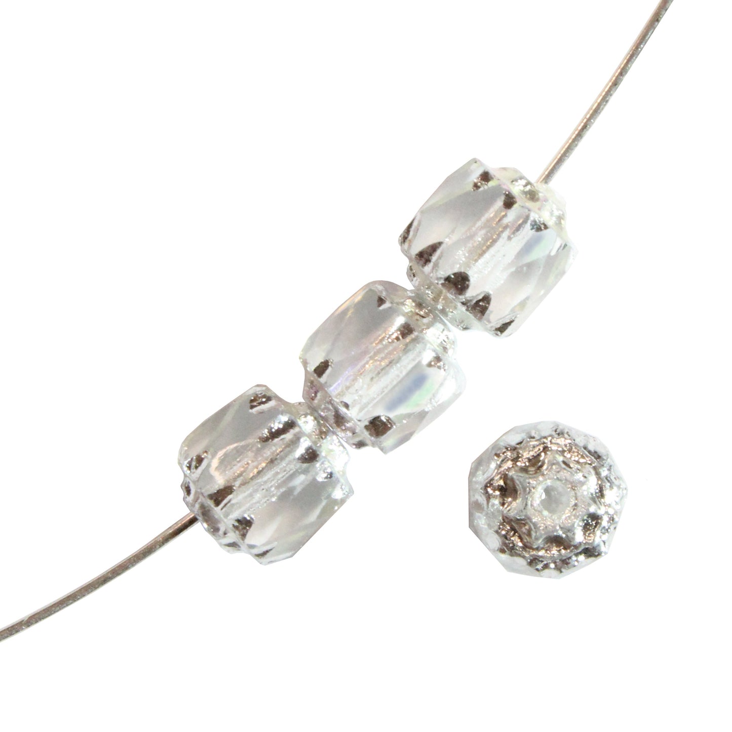 6mm Clear Crystal AB Lantern Beads / Silver Coated Ends / 25 Bead Pack