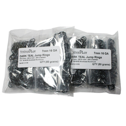 SHINY DARK TEAL 7mm 16 GA AWG Jump Rings / sawcut round open anodized aluminum / 100 Gram Pack