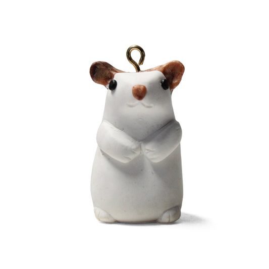 HICKORY HAMSTER Polymer Clay Charm / white with marbled brown patches / eyelet for attaching jump ring