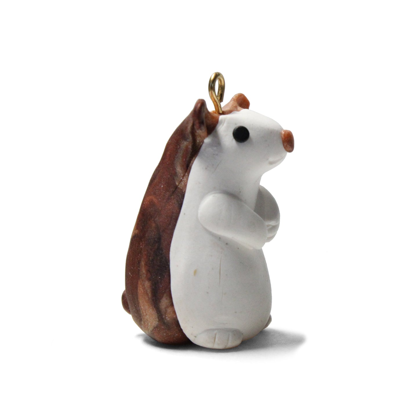 HICKORY HAMSTER Polymer Clay Charm / white with marbled brown patches / eyelet for attaching jump ring