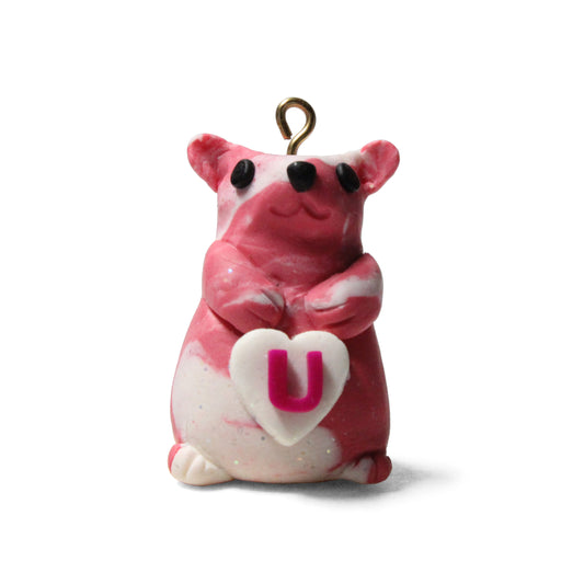 STRAWBERRY LOVE HAMSTER Polymer Clay Charm / red and white / eyelet for attaching jump ring