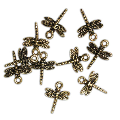 TierraCast 20mm Dragonfly Charm / 10 Pack / pewter with an antique gold finish