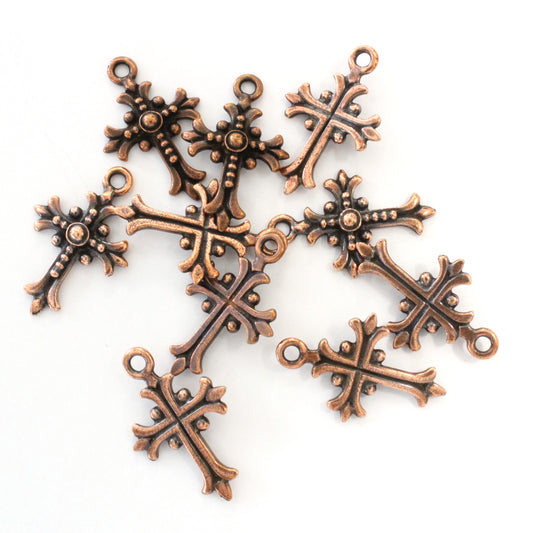 TierraCast Fleur Cross Charm / 10 Pack / pewter with antique copper finish