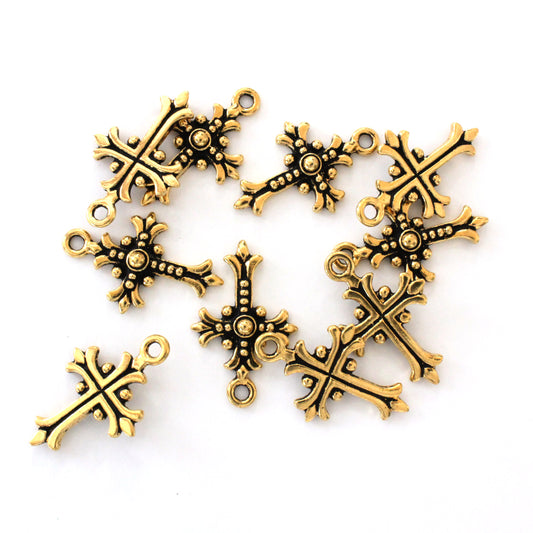 TierraCast Fleur Cross Charm / 10 Pack / pewter with antique gold finish