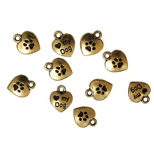 TierraCast Love My Dog Charm / 10 Pack / pewter with antique gold finish