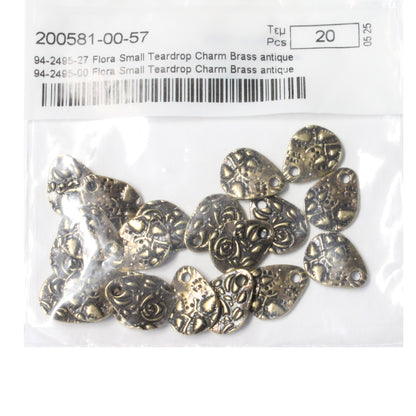 16mm Flora Teardrop Charm / pewter with an antique brass finish
