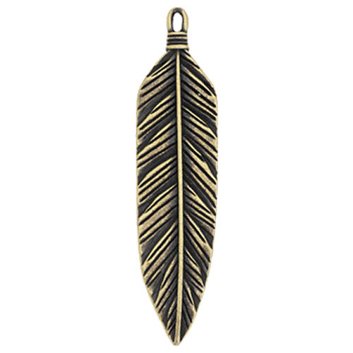 TierraCast 3 Inch Feather Pendant / pewter with antique brass finish