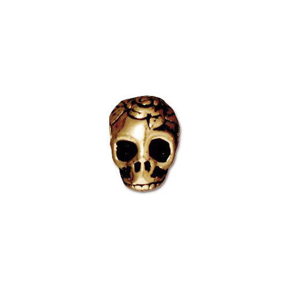TierraCast Rose Skull Large Hole Bead / pewter with antique gold finish