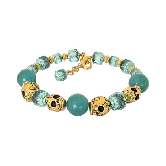 Rose Skull Green Agate Bracelet / 6 to 7.5 Inch wrist size / one inch extender chain