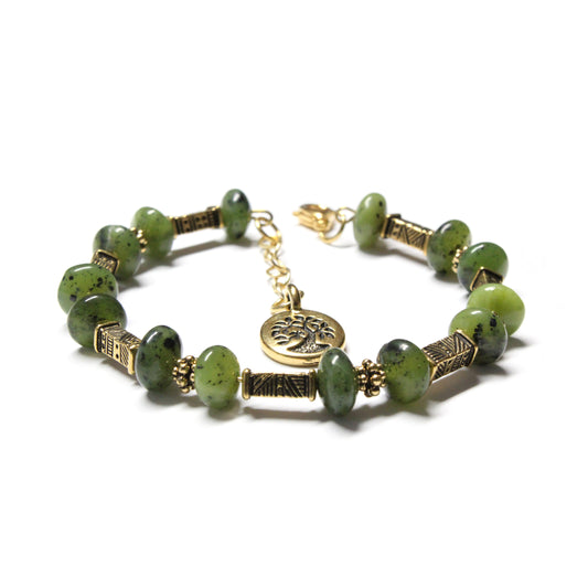 Green Serpentine Bracelet with tree charm / 6 to 7 Inch wrist size / tribal ethnic gold pewter beads / extender chain