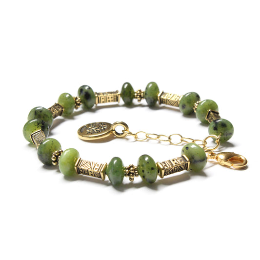 Green Serpentine Bracelet with tree charm / 6 to 7 Inch wrist size / tribal ethnic gold pewter beads / extender chain