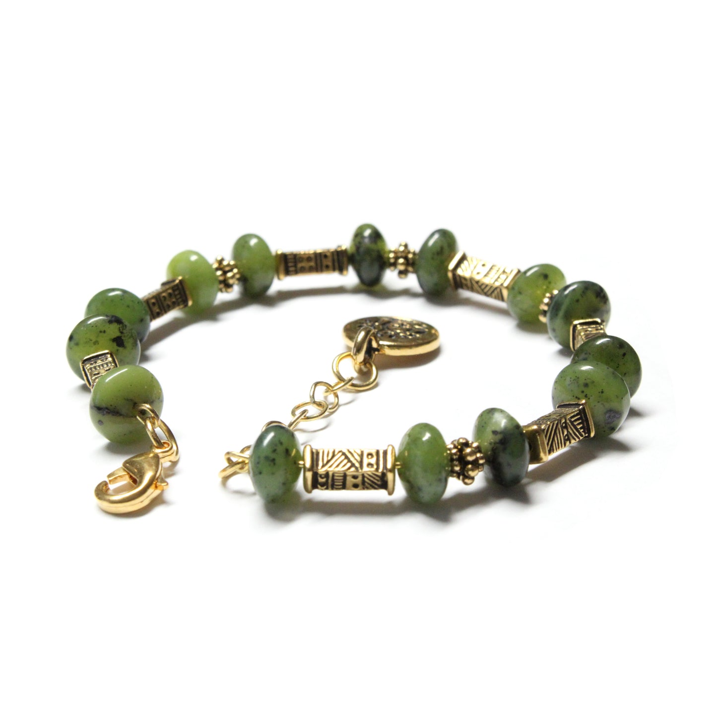 Green Serpentine Bracelet with tree charm / 6 to 7 Inch wrist size / tribal ethnic gold pewter beads / extender chain